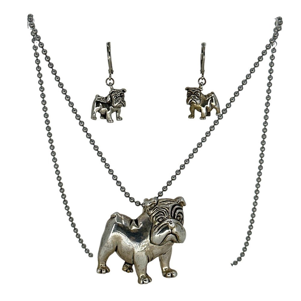 Bulldog Jewelry Set Earring and Pendant/Brooch Silvertone